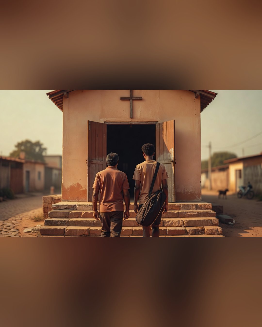 Manhã de domingo: um pai e um filho adolescente com a raqueteira no ombro sobem os degraus de uma igreja simples de bairro, vistos de costas, entrando pela porta aberta.
